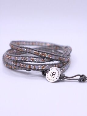 Christinelle Gray Leather Multi-Wrap Bracelet with stone and crystal Beads